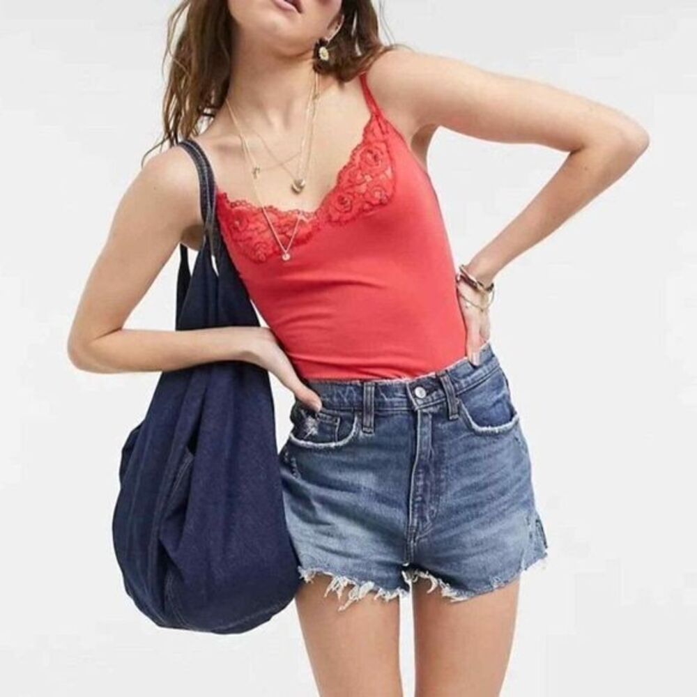 Free People Bodysuit Women's XS Red Jersey Lace Trim Adjustable Soft NEW